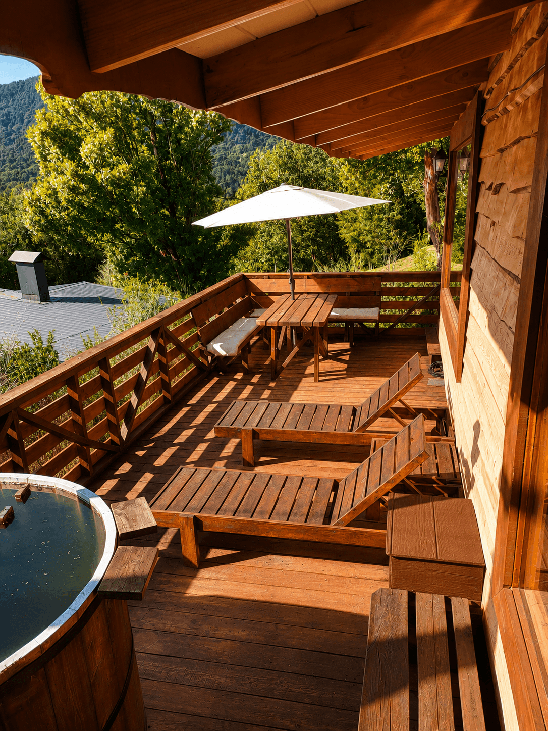 Terraza de la cabaña con tinaja de madera, reposeras y mesa con quitasol, frente al bosque